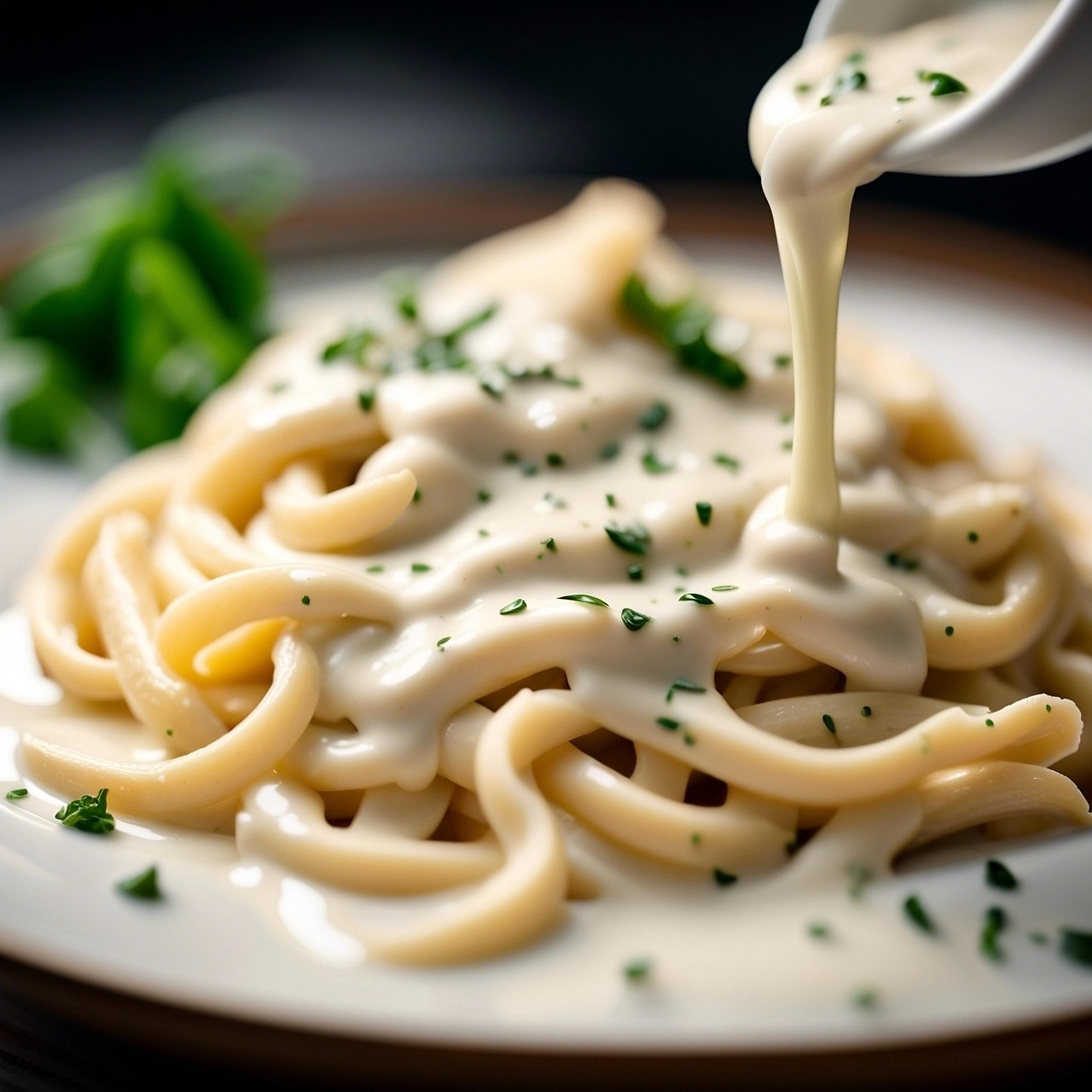 Spaghetti con crema di parmigiano, piatto gustoso e cremoso, decorato con parmigiano grattugiato.
